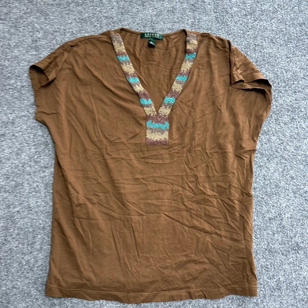 Lauren Ralph Lauren Top Womens Size L Brown Beaded V-Neck Short Sleeve Cotton